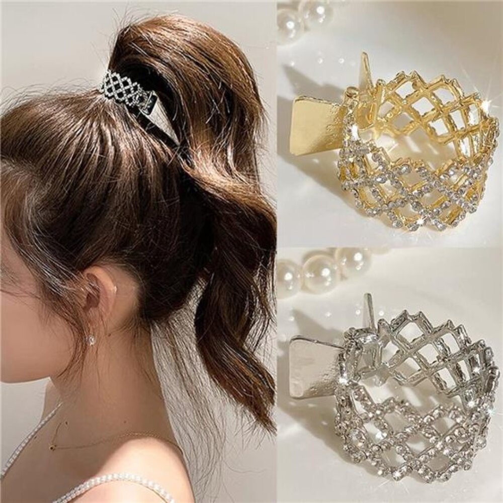 Rhinestone Hair Claw Set – Gold & Silver Alloy Clips, Sparkly Braiding